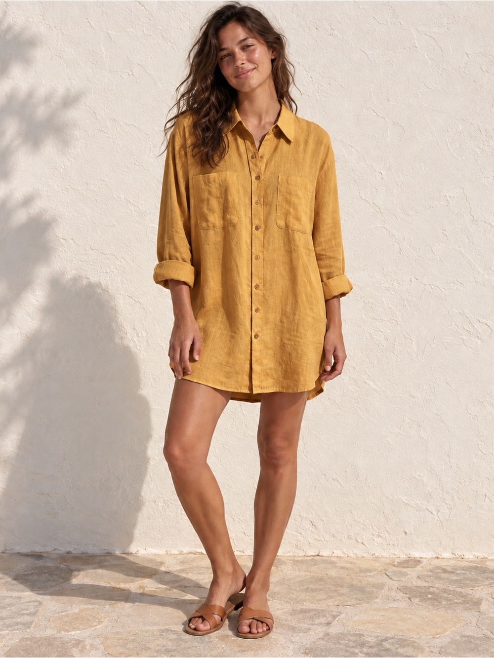 Linen Dark Yellow Tunic Shirt Lagenlook Artsy Minimalist Boho Relaxed M